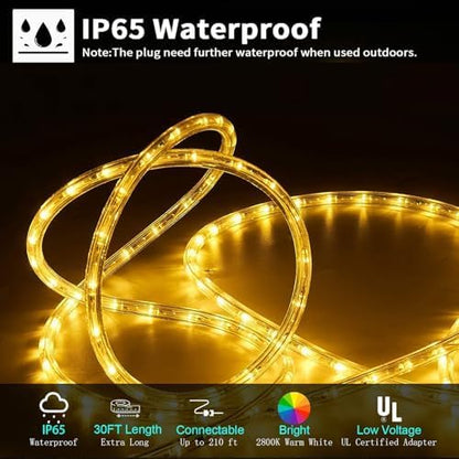Vigdur LED Rope Lights - 30ft Waterproof Warm White Flexible Tube Lights for Outdoor Garden & Patio | 360 LEDs
