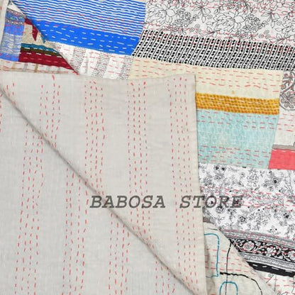 White Super King 108x108 Inch Handmade Patchwork Kantha Quilt Bedcover