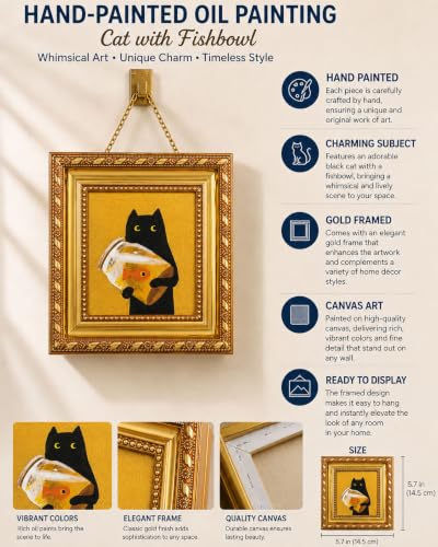 Black Cat Oil Painting with Fish Tank Gold Framed Canvas Art