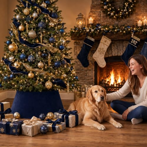 Navy Blue Velvet Christmas Tree Collar - 24 Inch Tree Base Cover - Skylety