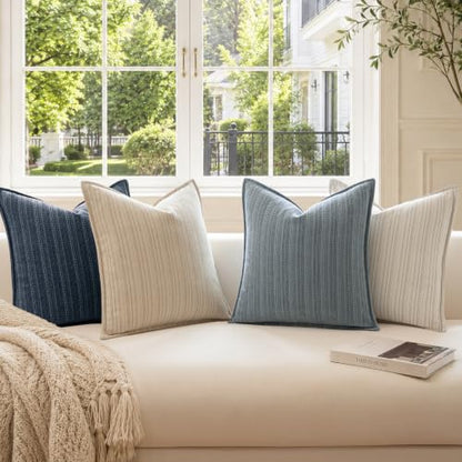 Dark Blue Textured Throw Pillow Covers 20x20 Set of 2 - Chenille Decorative Cushion Covers for Couch Sofa Bed Living Room