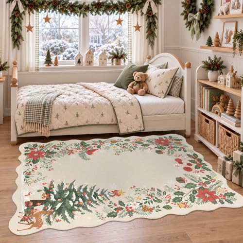 Christmas Beige Washable Scalloped Area Rug 4x6 for Living Room - Holiday Decor