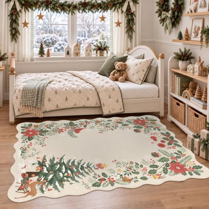 Christmas Beige Washable Scalloped Area Rug 4x6 for Living Room - Holiday Decor