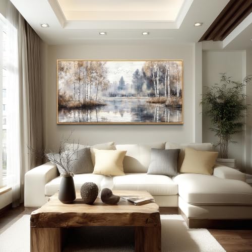 Large Wall Art Canvas Print - Misty Birch Forest Landscape 20x40 White Frame