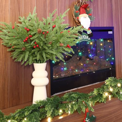 24 Pack Norfolk Pine Stems with Cone and Red Berry - Artificial Holiday Greenery