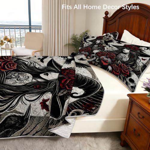Halloween Gothic Quilt Set with Witch Rose Design - Full/Queen, Lightweight Bedding