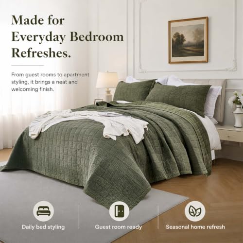 Olive Green Oversized King Cotton Quilt Set 120x120 Breathable Bedspread with 2 Pillow Shams