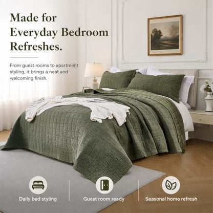 Olive Green Oversized King Cotton Quilt Set 120x120 Breathable Bedspread with 2 Pillow Shams