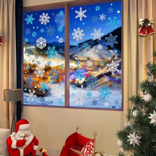 9 Sheets Glitter Snowflake Window Clings for Christmas Holiday Decor - Blue & Silver