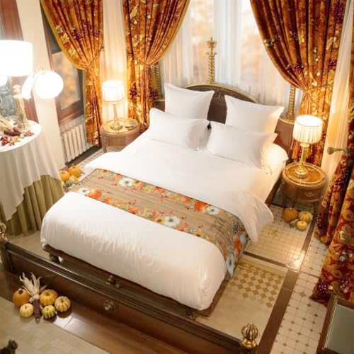 Queen Size Bed Runner with Fall Pumpkin Design - Orange & Brown, 83 x 20 Inches