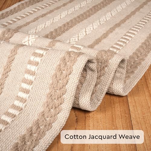 Encasa XO Boho Cotton Table Runner - Beige, 13x118 Inches, Woven Jacquard with Tassels