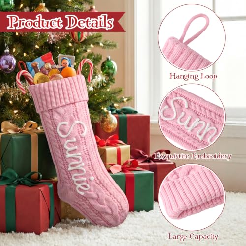 Pink Personalized Christmas Stockings with Name Customization, 18 Inch Knit Holiday Decor