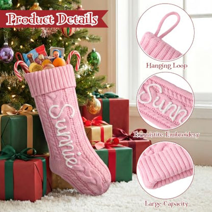 Pink Personalized Christmas Stockings with Name Customization, 18 Inch Knit Holiday Decor