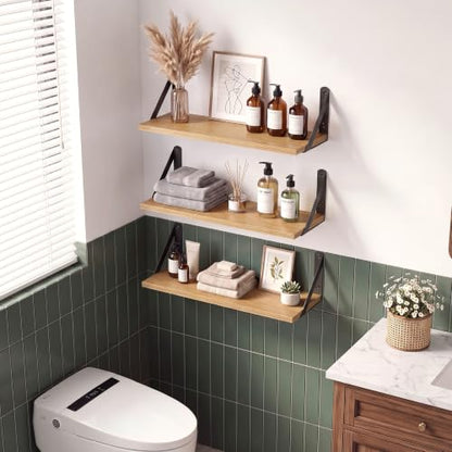 Oak Wall Shelves Set of 2 - 16x6 Inch Small Wooden Wall Storage