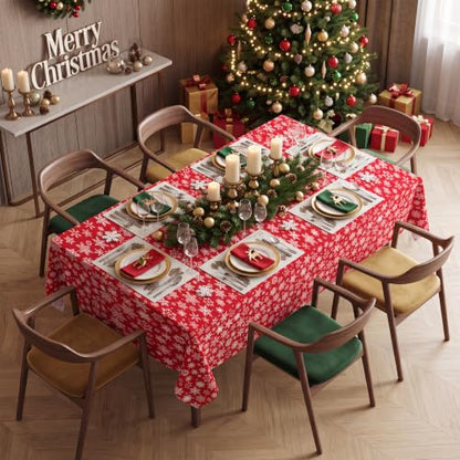 Christmas Disposable Plastic Tablecloth Roll 54 Inch x 300 Feet with Snowflake Pattern - Red