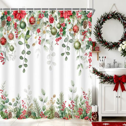 Christmas Eucalyptus Leaves Holly Shower Curtain Set with Hooks - Winter 72x72 Inches