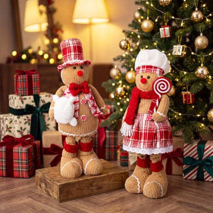Large Christmas Gingerbread Plush Doll Set with Retractable Legs - Red Plaid
