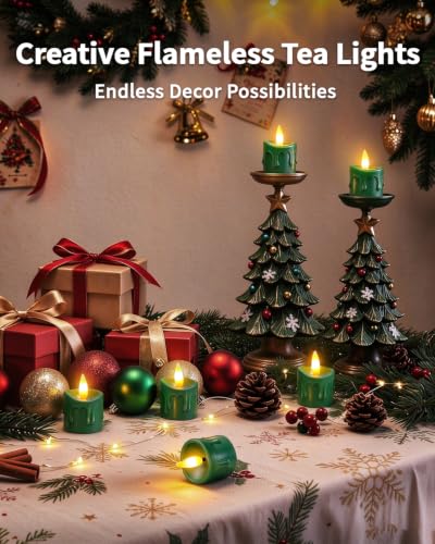 Green Rechargeable Flameless Tea Light Candles with Remote & Timer - 6 Pack