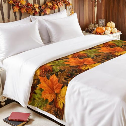 102x20 Inch Fall Maple Leaves Bed Runner for California King Bed Orange Green Brown