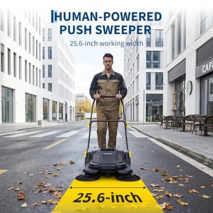 Walk Behind Hand Push Sweeper 25.6-Inch Floor Sweeper in Black and Yellow