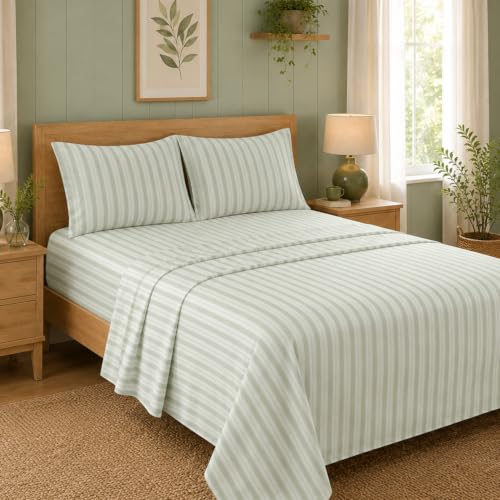 Ivellow Sage Green Striped King Bed Sheets - 4pc Ticking Bedding Set