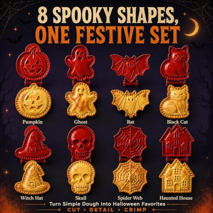 Halloween Mini Pie Mold Set - 8 Handheld Pastry Press Tools with Pumpkins Ghosts Bats