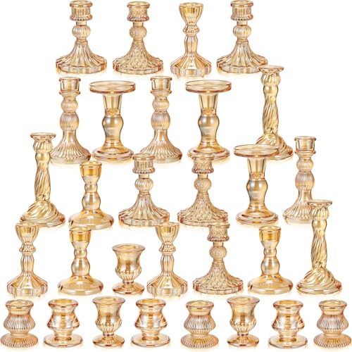 30Pcs Gold Glass Taper Candle Holders Assorted Sizes Elegant Decor