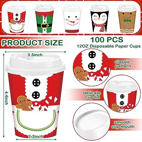 Christmas Paper Cups with Lids 12 oz - Cute Style, 100 Pack