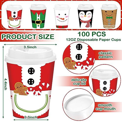 Christmas Paper Cups with Lids 12 oz - Cute Style, 100 Pack
