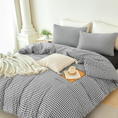 Full Gingham Bedding Set for Boys Black White Plaid Bed in a Bag 5Pcs