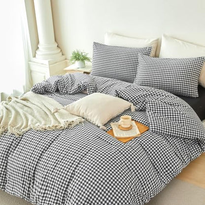 Full Gingham Bedding Set for Boys Black White Plaid Bed in a Bag 5Pcs