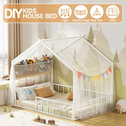 Timy Metal House Bed Frame Full Kids Floor Bed with Plushie Storage Net - White