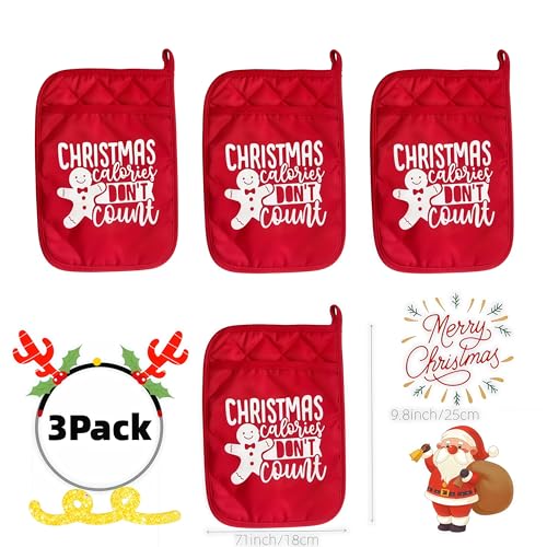 Christmas Pot Holder & Oven Mitt Set Gift for Teacher, Neighbor, Family - 3PCS Christmas Calories Don't Count Variation