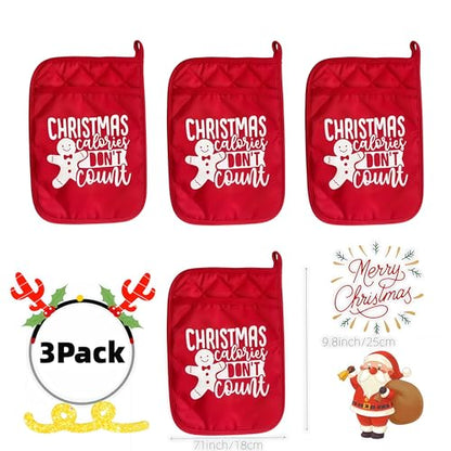 Christmas Pot Holder & Oven Mitt Set Gift for Teacher, Neighbor, Family - 3PCS Christmas Calories Don't Count Variation