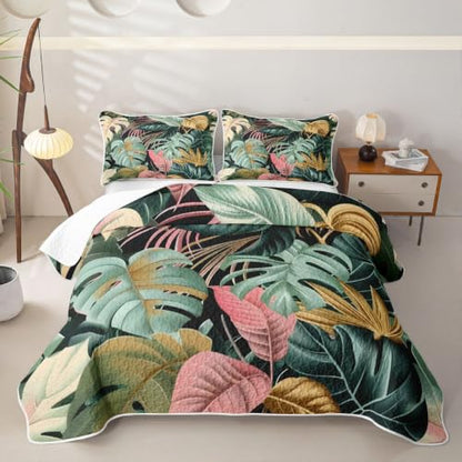 Castle Fairy Colorful Palm Leaf Quilt Set Queen Size Tropical Bedding with Pillow Shams - Green Pink Gold