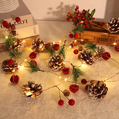 Indoor Christmas Garland with 30 LED Lights, Red Berries & Pine Cones