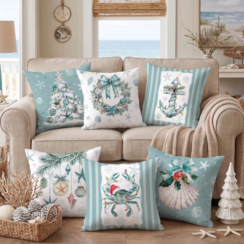 Christmas Coastal Pillow Covers Set of 6 - 18x18 Inch Suede Holiday Decor