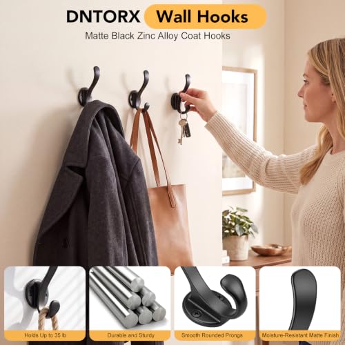 Wall Mount Coat Hooks 6 Pack Heavy Duty Black Metal Hangers with Screws