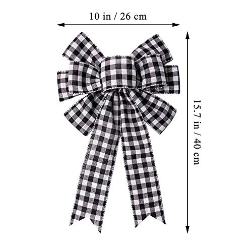 Christmas Wreath Bow Decoration with Black and White Buffalo Plaid Ribbon, 10x15.7 in