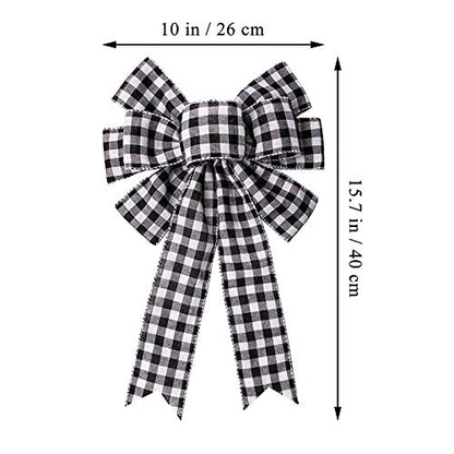 Christmas Wreath Bow Decoration with Black and White Buffalo Plaid Ribbon, 10x15.7 in
