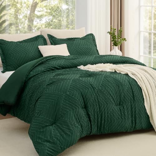 Emerald Green King Size Comforter Set - Boho Tufted Microfiber Bedding, 3-Piece