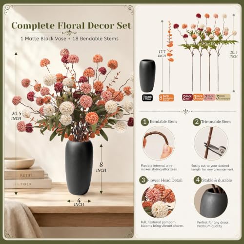 Artificial Fall Flowers with Vase - Burnt Orange Silk Mum Arrangement, 18 Pcs