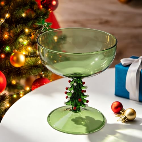 2 Pack Christmas Tree Coupe Glasses Hand Blown Cocktail Martini Glasses