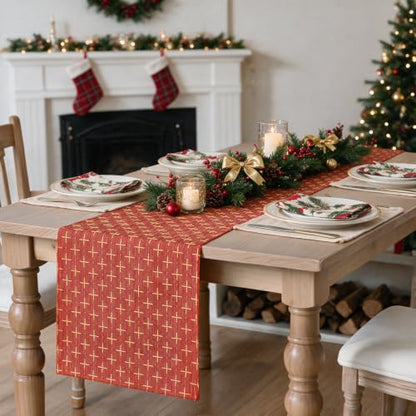 Red Cross-Star Textured Table Runner - Seasonal Christmas Rustic Decor 13x108 Inch