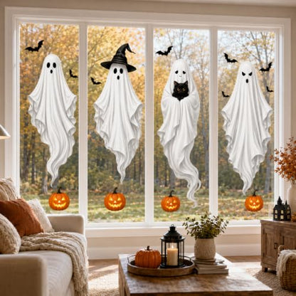 Extra Large Halloween Window Clings - Ghost Witch Hat Pumpkin Decals - Ghost Witch Hat Pumpkin Variation