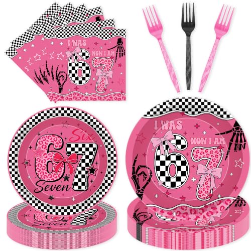Pink Checkerboard 6-7 Birthday Party Tableware Set - Pink Bow 6-7