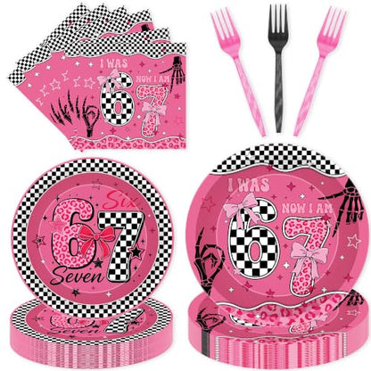 Pink Checkerboard 6-7 Birthday Party Tableware Set - Pink Bow 6-7