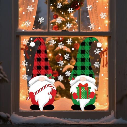 Extra Large Christmas Window Clings 2 Sheets Double-Sided Gnome Snowflake Decor