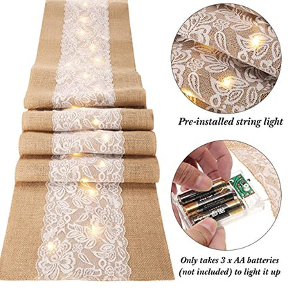 Burlap Table Runners with Lights - 12 x 108 Inches, Floral Lace, 12 Pcs - Flower Variation