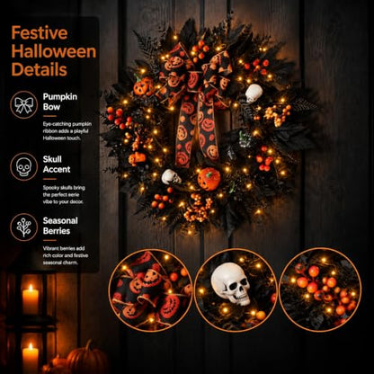 24-In Halloween Wreath for Front Door Black Skeleton Spider Web Decor